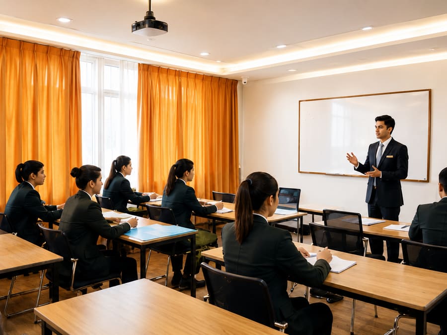 An instructor teaching a class of Innkeeper Academy students in academy blazers