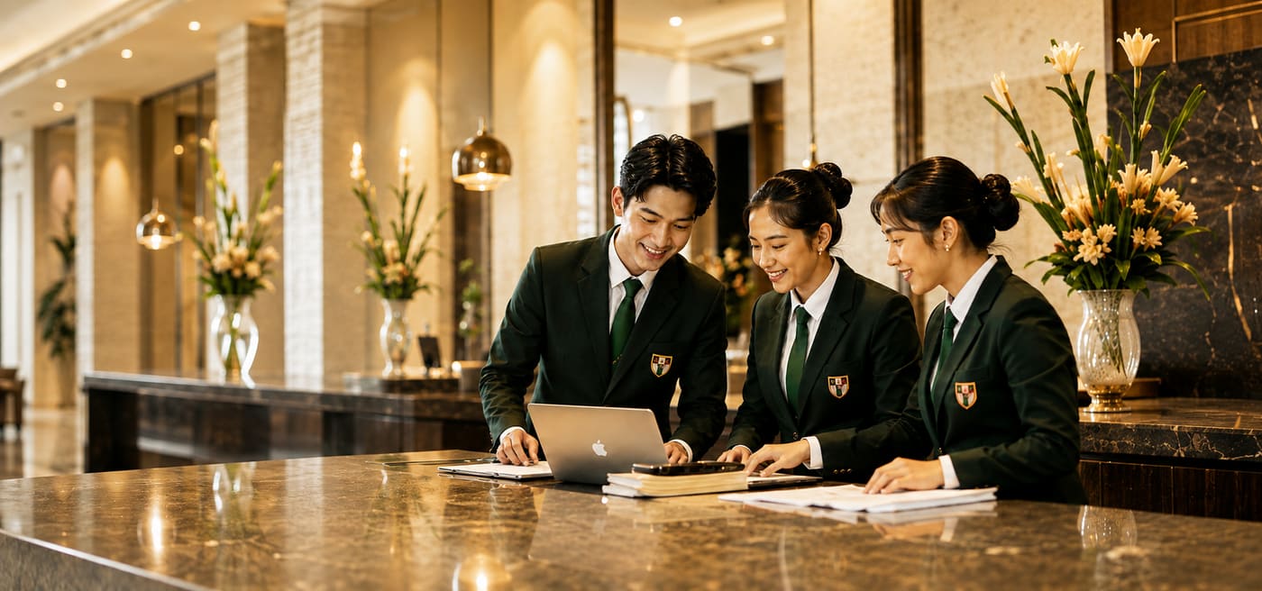 Innkeeper Academy students in green academy blazers working together at a hotel reception desk